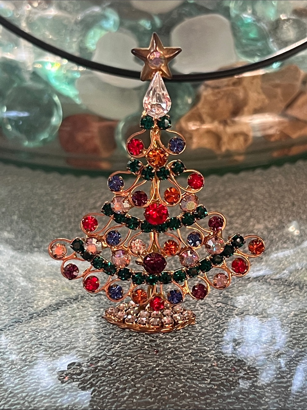 Gold-Tone Multicolor Crystal Christmas Tree Pendant Necklace